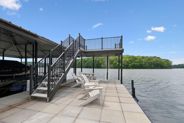 view of dock featuring a water view and stairway