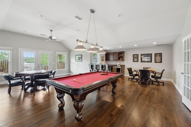 playroom featuring dark wood-style flooring, french doors, billiards, lofted ceiling, and visible vents