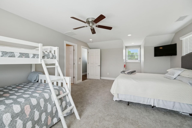 carpeted bedroom with baseboards, ceiling fan, recessed lighting, and visible vents
