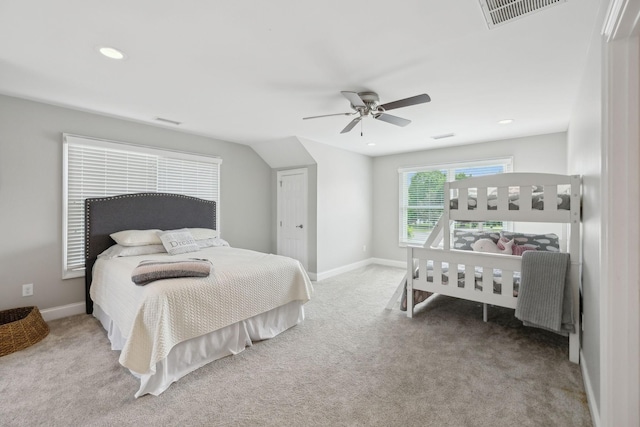 carpeted bedroom with visible vents, a ceiling fan, baseboards, and recessed lighting