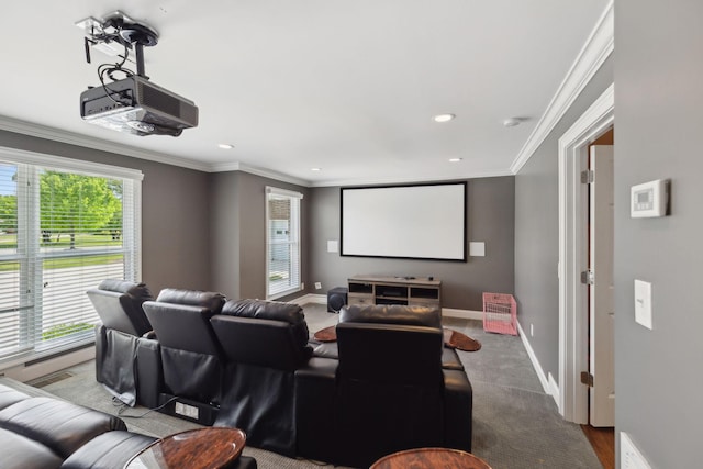 home theater with baseboards, ornamental molding, and a healthy amount of sunlight