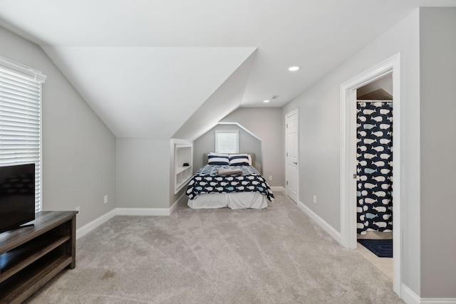 bedroom featuring baseboards, carpet, vaulted ceiling, and recessed lighting