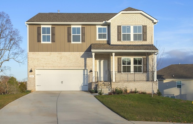 craftsman house with brick siding, a garage, a front yard, concrete driveway, and covered porch