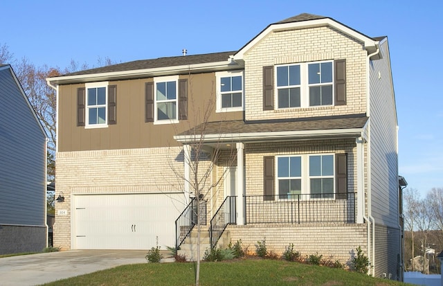 view of front of home featuring an attached garage, a porch, brick siding, and concrete driveway