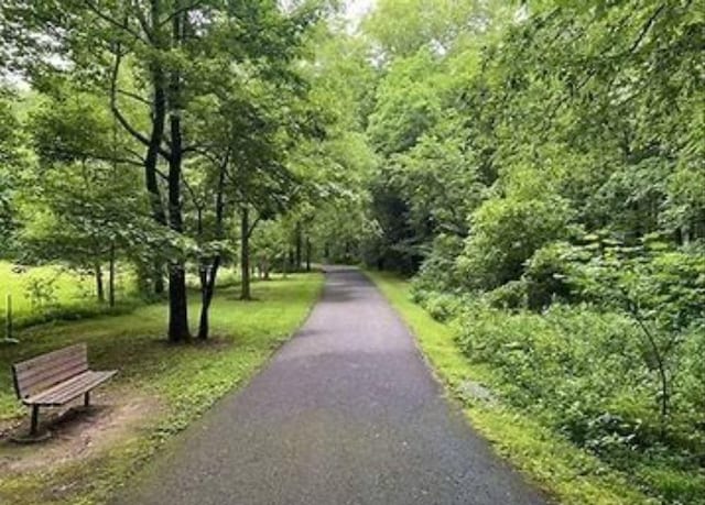view of property's community with a wooded view