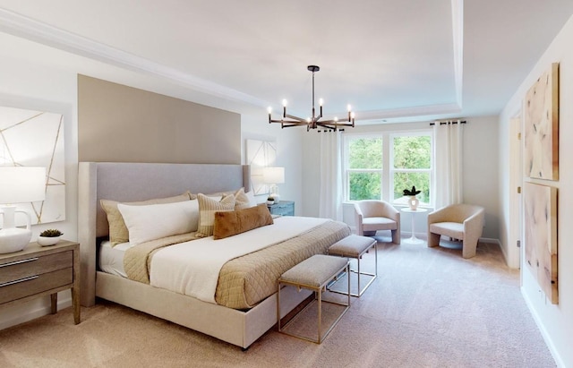 bedroom featuring a raised ceiling, light colored carpet, and a notable chandelier