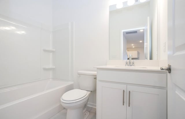 bathroom with vanity, shower / bath combination, visible vents, and toilet