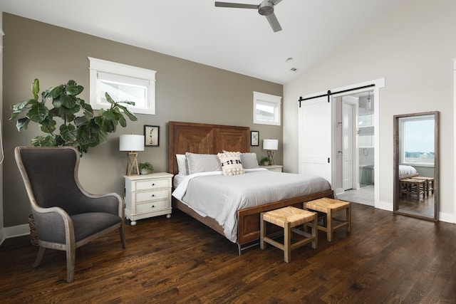 3116 Trevor St, Nashville, TN 37209 - bedroom with ceiling fan, a barn door, baseboards, wood finished floors, and vaulted ceiling