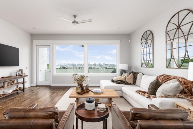 3116 Trevor St, Nashville, TN 37209 - living area with a view of city, a ceiling fan, baseboards, recessed lighting, and wood finished floors