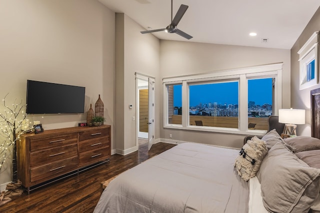 3116 Trevor St, Nashville, TN 37209 - bedroom featuring a view of city, baseboards, dark wood-type flooring, recessed lighting, and a ceiling fan