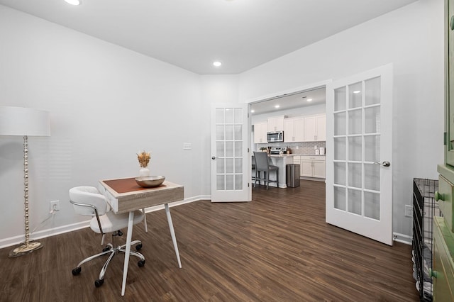 home office with dark wood-style flooring, baseboards, and french doors