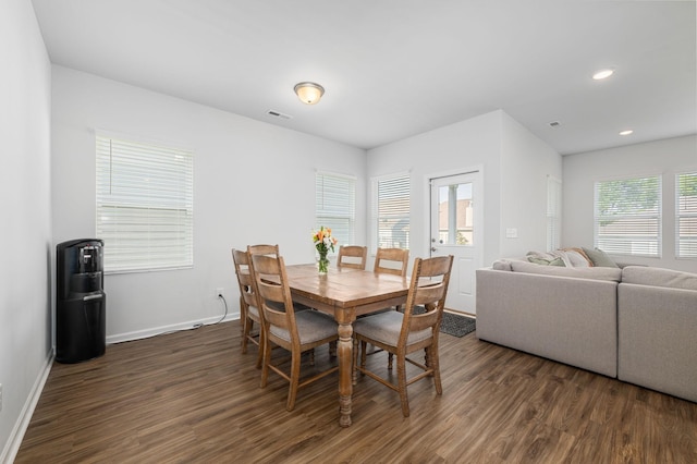 dining room with baseboards, dark wood-type flooring, recessed lighting, and visible vents