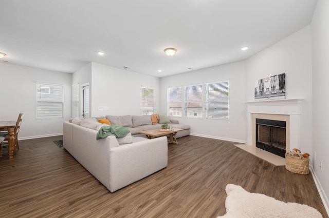 living room with recessed lighting, baseboards, a fireplace with flush hearth, and wood finished floors