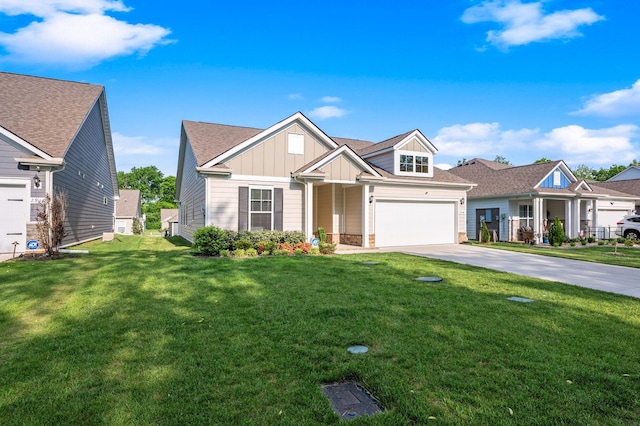 view of front of property featuring a garage, board and batten siding, concrete driveway, and a front yard