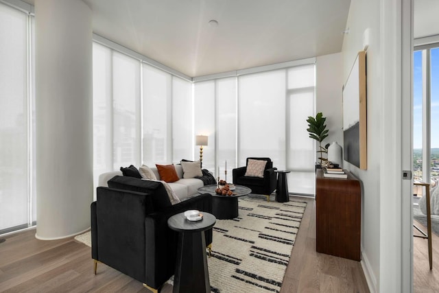 living area featuring plenty of natural light, floor to ceiling windows, and wood finished floors