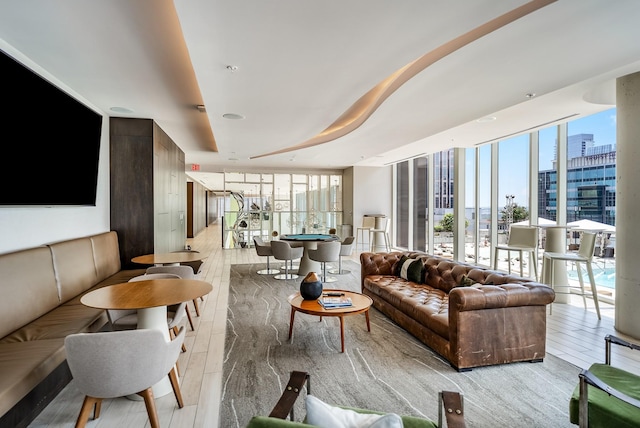 building lobby with a city view