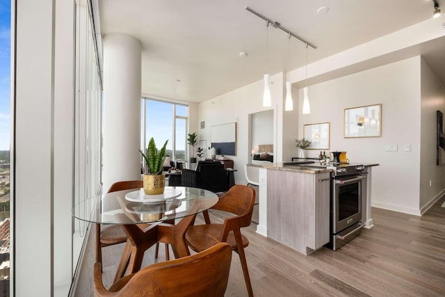 dining room with light wood-style floors, rail lighting, and baseboards