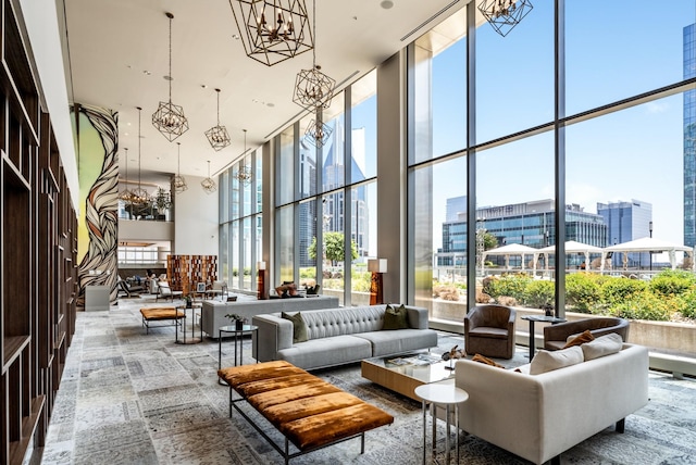 building lobby featuring a city view