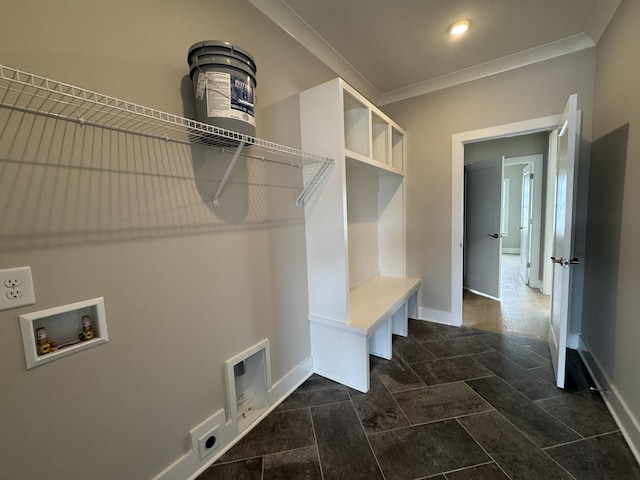 washroom with hookup for an electric dryer, laundry area, baseboards, hookup for a washing machine, and ornamental molding