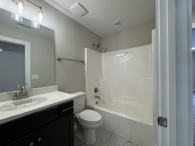 full bath with vanity, toilet, marble finish floor, and visible vents