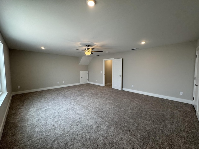 spare room featuring visible vents, baseboards, ceiling fan, recessed lighting, and carpet flooring