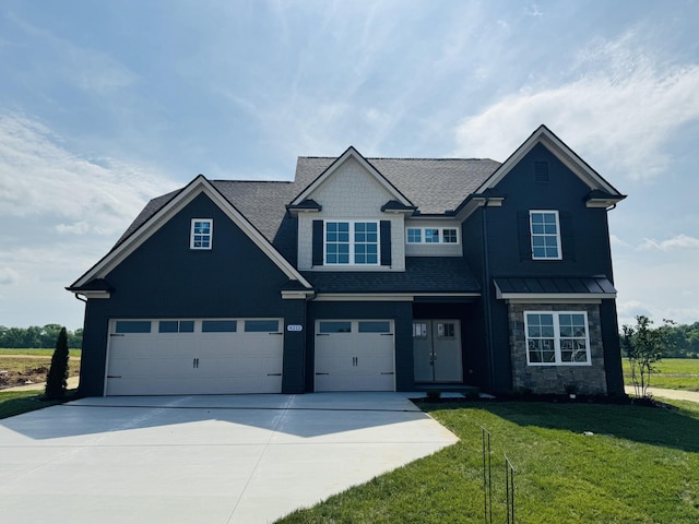 craftsman inspired home with a shingled roof, stone siding, a garage, a front yard, and concrete driveway