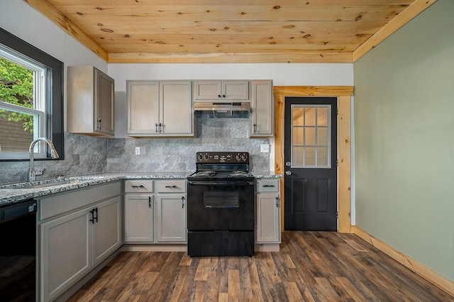 200 Tucker St, Decherd, TN 37324 - kitchen with black appliances, a sink, wooden ceiling, under cabinet range hood, and gray cabinets