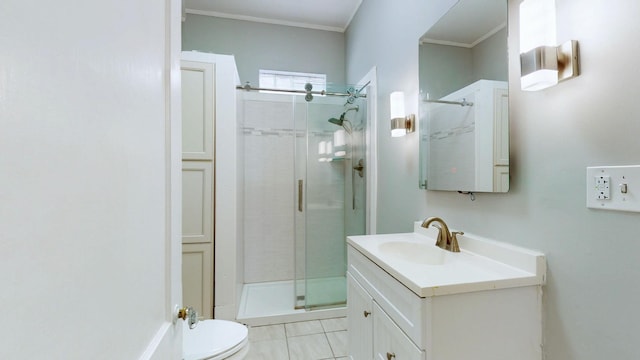706 N Church St, Murfreesboro, TN 37130 - bathroom with vanity, ornamental molding, a stall shower, and toilet