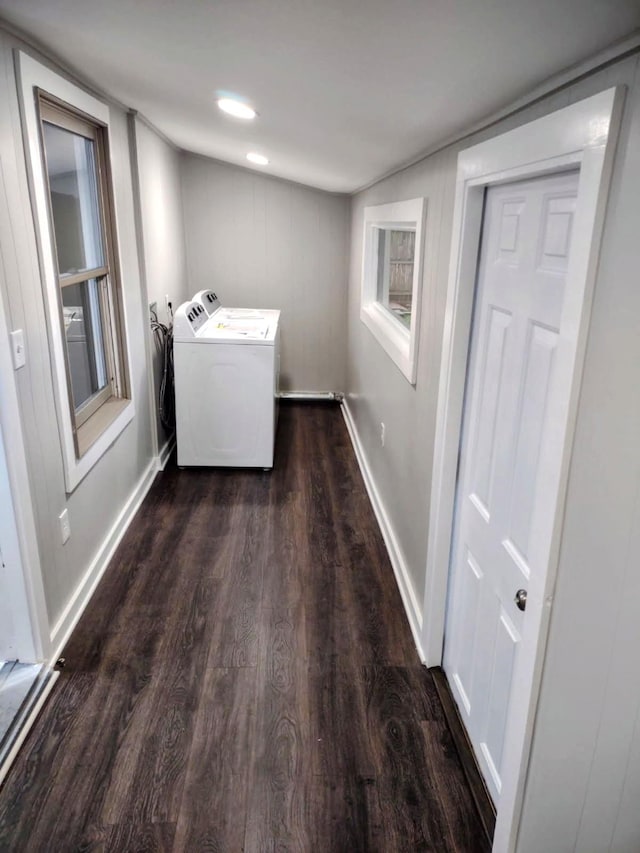 121 Swann St, Mcminnville, TN 37110 - laundry room with independent washer and dryer, laundry area, dark wood-style floors, and baseboards