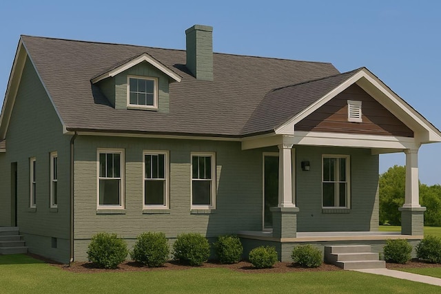 view of front facade with roof with shingles, covered porch, a chimney, and a front yard