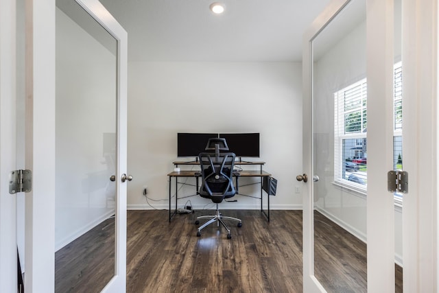 office area featuring french doors, baseboards, and wood finished floors