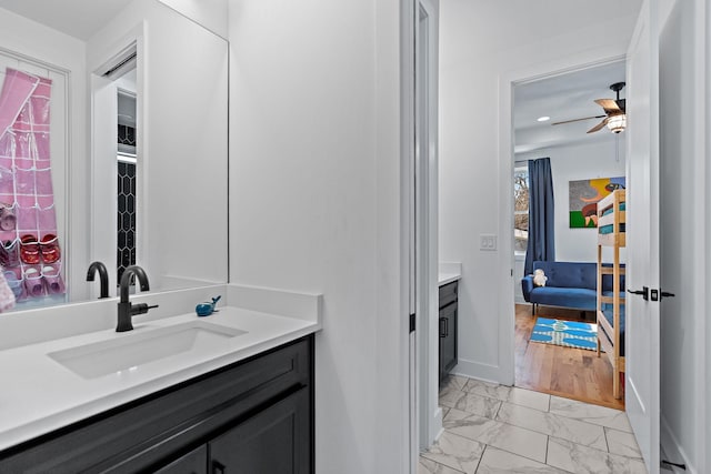 1811 Meridian St, Nashville, TN 37207 - bathroom featuring ceiling fan, marble finish floor, and vanity