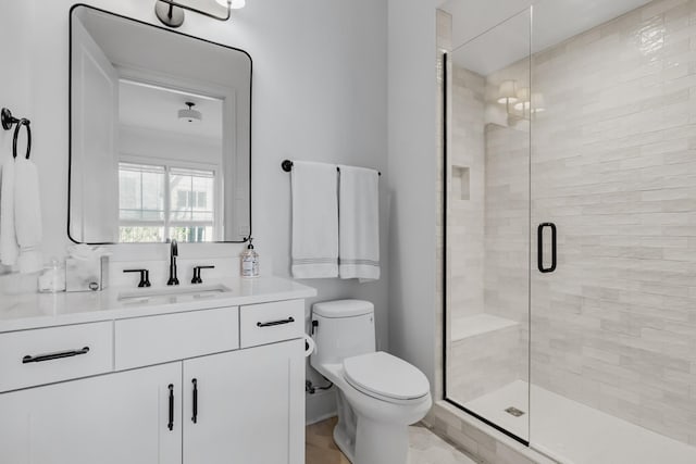 full bathroom featuring vanity, a stall shower, and toilet
