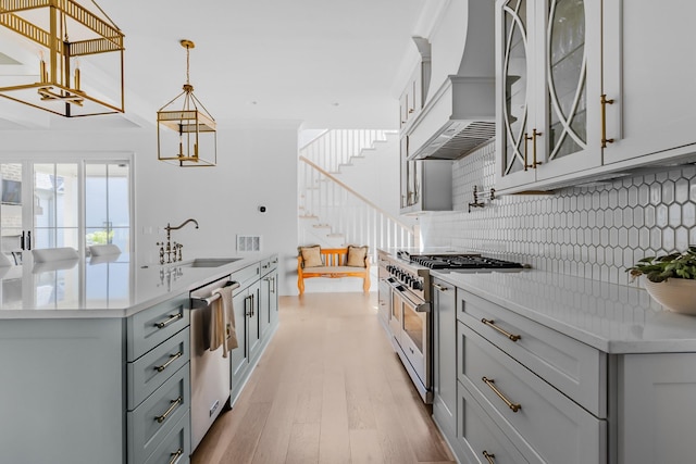 kitchen featuring premium range hood, light countertops, a sink, appliances with stainless steel finishes, and backsplash