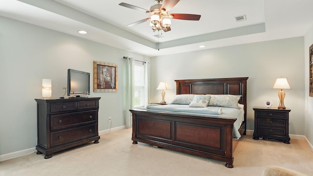 1011 Gatewick Ct, Franklin, TN 37067 - bedroom with light carpet, baseboards, a tray ceiling, ceiling fan, and recessed lighting