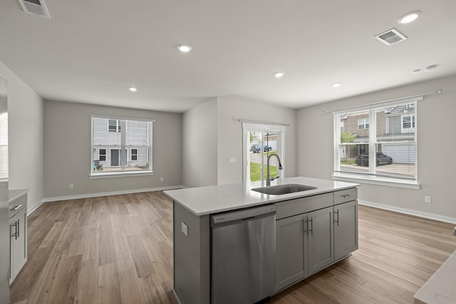kitchen featuring a sink, stainless steel dishwasher, gray cabinetry, and visible vents