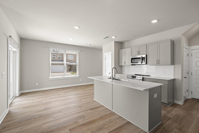 kitchen with visible vents, tasteful backsplash, a sink, gray cabinetry, and stainless steel appliances