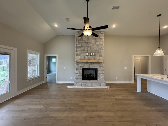 4020 Runyan Cv, Murfreesboro, TN 37127 - unfurnished living room featuring a ceiling fan, wood finished floors, lofted ceiling, a fireplace, and baseboards