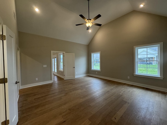 4020 Runyan Cv, Murfreesboro, TN 37127 - unfurnished room featuring high vaulted ceiling, dark wood-type flooring, a ceiling fan, baseboards, and recessed lighting