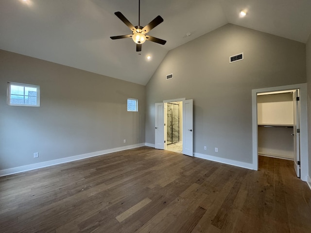 4020 Runyan Cv, Murfreesboro, TN 37127 - unfurnished bedroom featuring high vaulted ceiling, dark wood finished floors, a spacious closet, baseboards, and ceiling fan