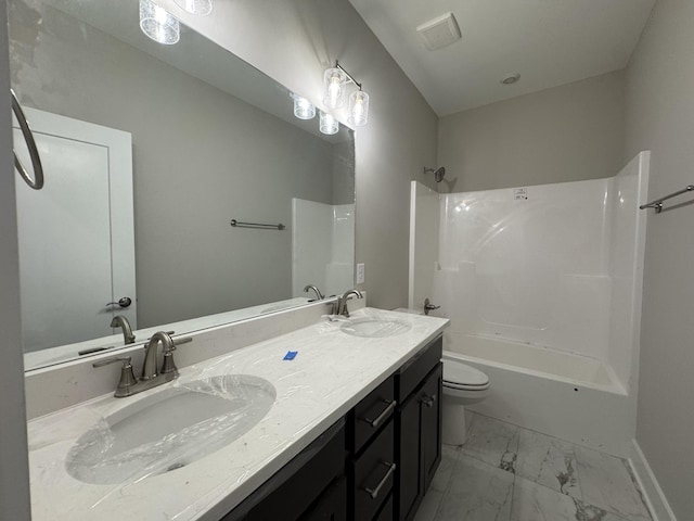 4020 Runyan Cv, Murfreesboro, TN 37127 - full bathroom featuring marble look tiles, shower / bath combination, toilet, double vanity, and baseboards