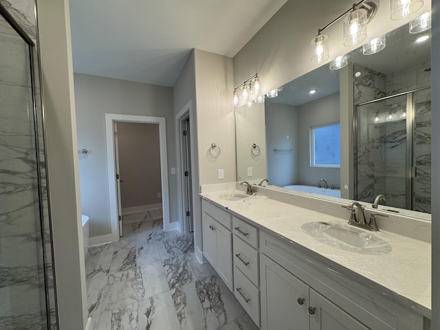 4020 Runyan Cv, Murfreesboro, TN 37127 - full bath featuring a tub to relax in, a stall shower, marble look tiles, and double vanity
