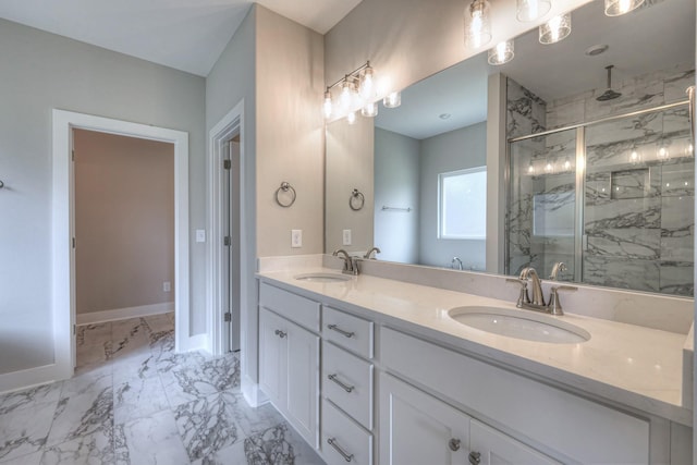4020 Runyan Cv, Murfreesboro, TN 37127 - full bath featuring a marble finish shower, marble look tile flooring, and double vanity