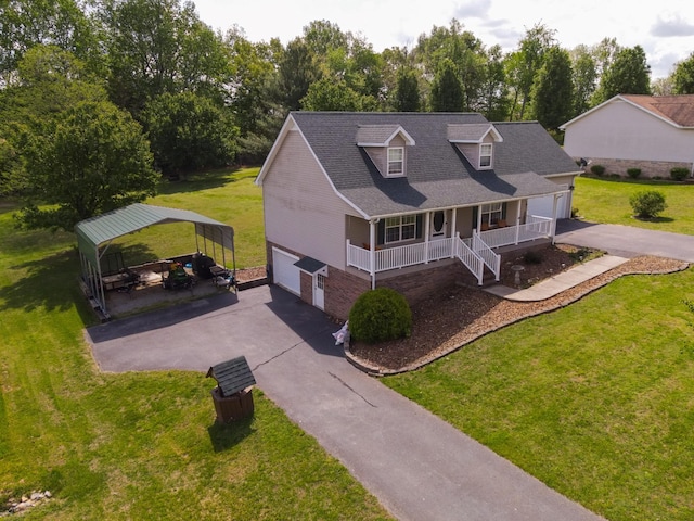 exterior space with a porch, aphalt driveway, a garage, a carport, and a front lawn