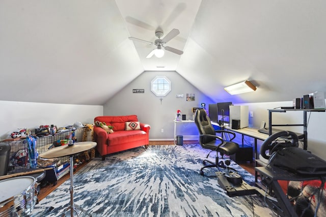 1408 Ridley Dr, Franklin, TN 37064 - office area with wood finished floors, ceiling fan, and lofted ceiling
