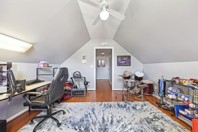 1408 Ridley Dr, Franklin, TN 37064 - office area with wood finished floors, lofted ceiling, a ceiling fan, and baseboards