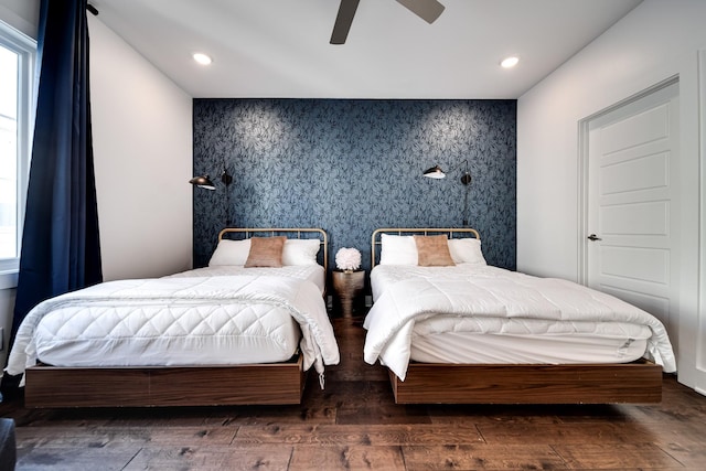 bedroom with recessed lighting, a ceiling fan, wood finished floors, and wallpapered walls