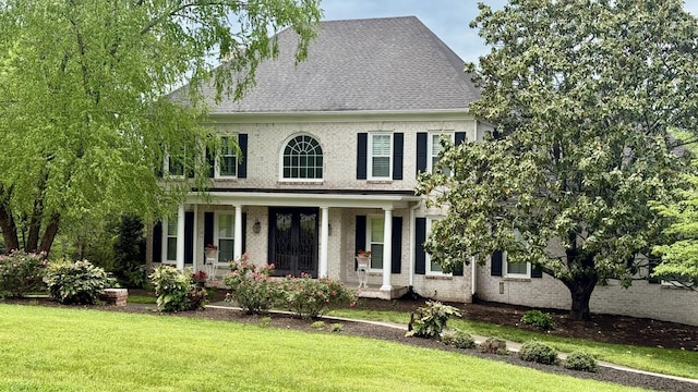 view of front of house featuring roof with shingles, a porch, and a front lawn