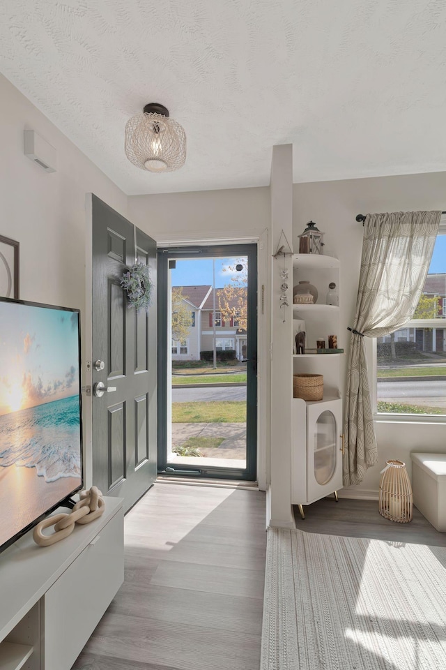 entryway featuring a textured ceiling, wood finished floors, and a wealth of natural light