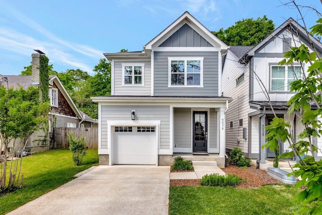view of front of home with board and batten siding, driveway, a front yard, a garage, and fence